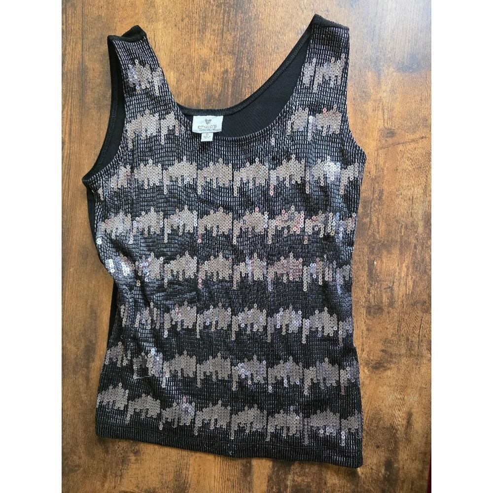 ⭐ Chico’s Sequin Tank Top – Black & Silver Sparkle – Size 0